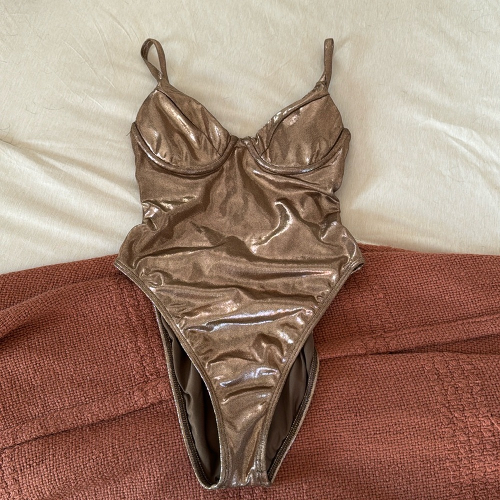 Good American Metallic Bronze One Piece Swimsuit